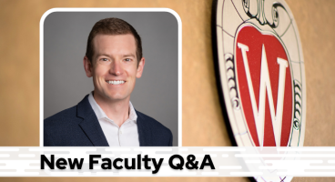 A professional headshot of Dr. Cardel over a tan background with a Wisconsin crest, and black text on a white bar saying "New Faculty Q&A"