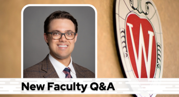 A professional headshot of Dr. Deemer over a tan background with a Wisconsin crest, and black text on a white bar saying "New Faculty Q&A"