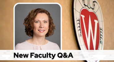 A professional headshot of Dr. Khaba over a tan background with a Wisconsin crest, and black text on a white bar saying "New Faculty Q&A"