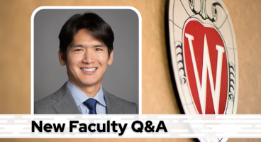 A professional headshot of Dr. Lee over a tan background with a Wisconsin crest, and black text on a white bar saying "New Faculty Q&A"