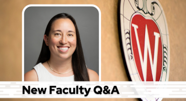 A professional headshot of Dr. Miotke over a tan background with a Wisconsin crest, and black text on a white bar saying "New Faculty Q&A"