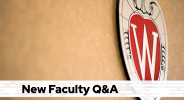 A tan background with a Wisconsin crest, and black text on a white bar saying "New Faculty Q&A".