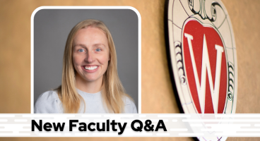 A professional headshot of Dr. Vatland over a tan background with a Wisconsin crest, and black text on a white bar saying "New Faculty Q&A"