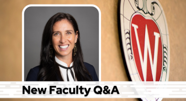 A professional headshot of Dr. Waclawik over a tan background with a Wisconsin crest, and black text on a white bar saying "New Faculty Q&A"