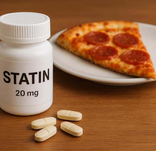 An AI-generated image of a bottle of statin medication next to a slice of pizza.