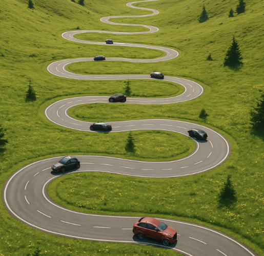 Cars driving down a very curvy road