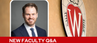 A professional headshot of Dr. Buchanan over a tan background with a Wisconsin crest, and white text on a red bar saying "New Faculty Q&A".