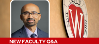 A professional headshot of Dr. Contractor over a tan background with a Wisconsin crest, and white text on a red bar saying "New Faculty Q&A".
