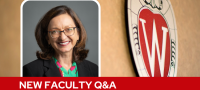 A professional headshot of Dr. Ellis over a tan background with a Wisconsin crest, and white text on a red bar saying "New Faculty Q&A".
