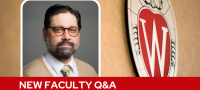 A professional headshot of Dr. Bracamonte over a tan background with a Wisconsin crest, and white text on a red bar saying "New Faculty Q&A".