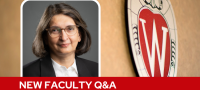 A professional headshot of Dr. Qamar over a tan background with a Wisconsin crest, and white text on a red bar saying "New Faculty Q&A".