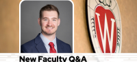 A professional headshot of Dr. Bull over a tan background with a Wisconsin crest, and black text on a white bar saying "New Faculty Q&A"