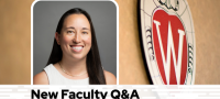 A professional headshot of Dr. Miotke over a tan background with a Wisconsin crest, and black text on a white bar saying "New Faculty Q&A"