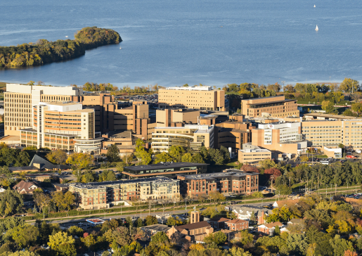 Aerial photo of UW-Madison west campus, including University Hospital