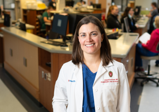 Jacqueline Kruser, MD, assistant professor, Allergy, Pulmonary and Critical Care Medicine, in the ICU. Credit: Clint Thayer/Department of Medicine.