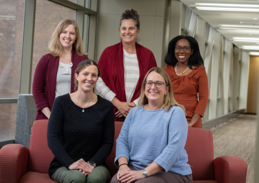 The clinic’s initiating core faculty (back row, from left): Ann Chodara, MD, assistant professor, Rheumatology; Amy Malik, MD, associate clinical professor, Allergy, Pulmonary and Critical Care Medicine; and Dr. Sharkey. They are assisted by (front row, from left) Kelsy Richardson, PharmD, clinical pharmacist, and Laura Zunker, RN, nurse navigator. Credit: Clint Thayer/Department of Medicine.