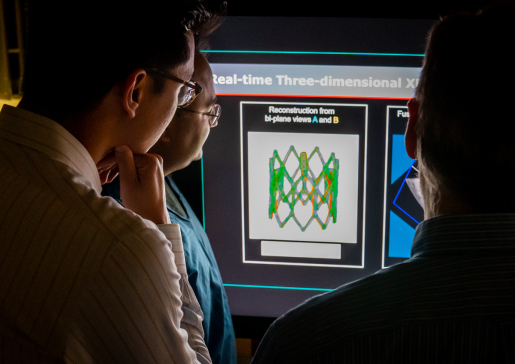 Photo from back of Dr. Amish Raval and collaborators looking at an onscreen 3-D structural model of a catheter-based treatment for ischemic heart disease