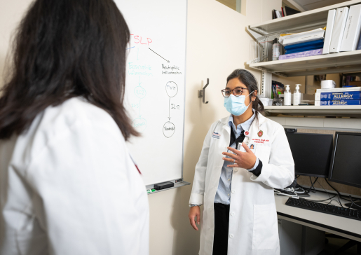 Dr. Ann Marie Singh talks with a fellow by a whiteboard in the lab