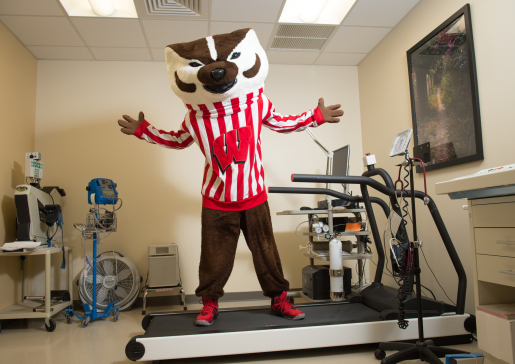 photo of Bucky Badger standing on a treadmill in the AIRP 