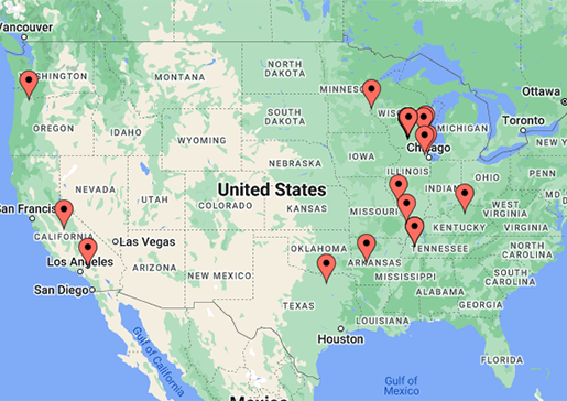 Map of UW Nephrology Fellowship geographic distribution