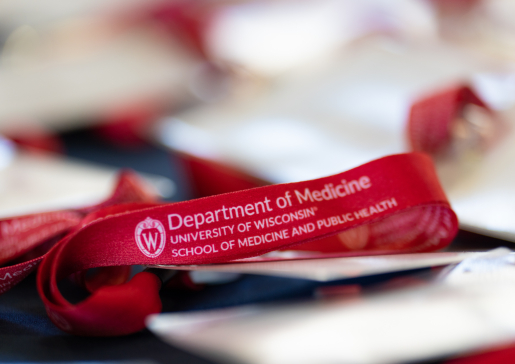 closeup of Department of Medicine lanyard with logo