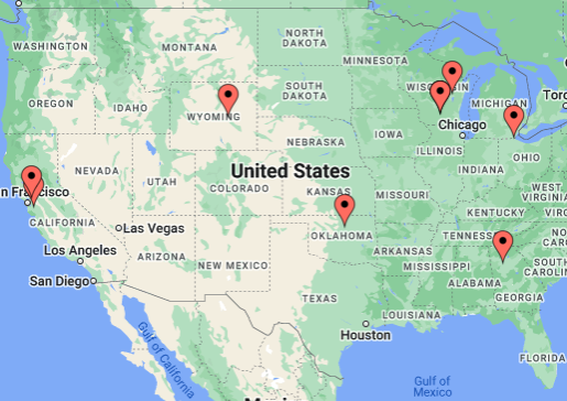 Map showing practice locations of Rheumatology fellowship graduates