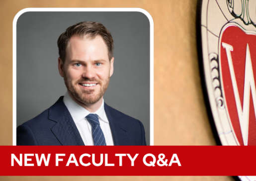 A professional headshot of Dr. Buchanan over a tan background with a Wisconsin crest, and white text on a red bar saying "New Faculty Q&A".