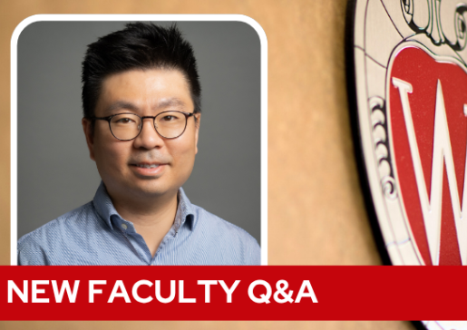 A professional headshot of Dr. Kim over a tan background with a Wisconsin crest, and white text on a red bar saying "New Faculty Q&A".