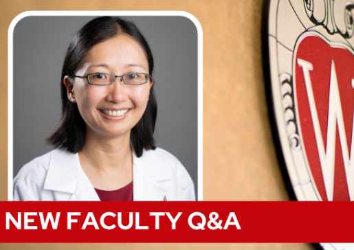 A professional headshot of Dr. Liu over a tan background with a Wisconsin crest, and white text on a red bar saying "New Faculty Q&A".