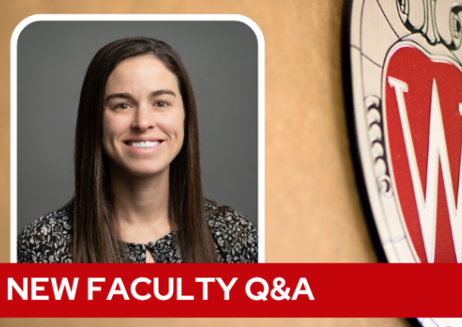 A professional headshot of Dr. Wells over a tan background with a Wisconsin crest, and white text on a red bar saying "New Faculty Q&A".