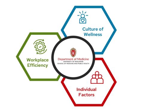 A graphic of hexagons representing the three pillars of Workplace Efficiency, Culture of Wellness, and Individual Factors with a DOM logo in the middle