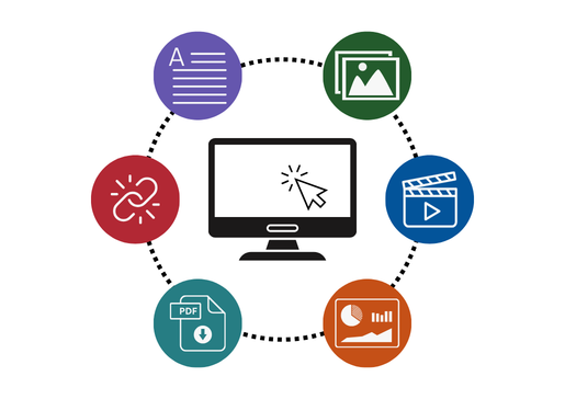 Computer monitor with a cursor surrounded by icons representing text, images, video, charts, PDF download, and hyperlink functions.