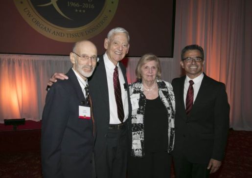 The UW Health 50 Years of Hope Gala in July, 2016 provided an opportunity for past and present Nephrology members to gather in celebration of a historic milestone for the program. From left to right: Dr. Frank Gutmann, Dr. Richard Rieselbach, Nina Rieselbach, and Dr. Arjang (Aji) Djamali.