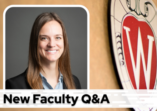 A professional headshot of Dr. Biermann over a tan background with a Wisconsin crest, and black text on a white bar saying "New Faculty Q&A"