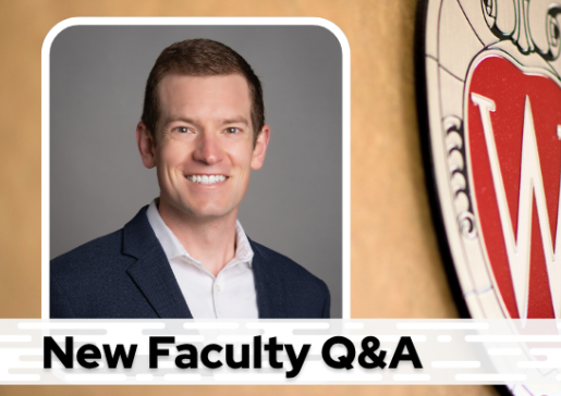 A professional headshot of Dr. Cardel over a tan background with a Wisconsin crest, and black text on a white bar saying "New Faculty Q&A"