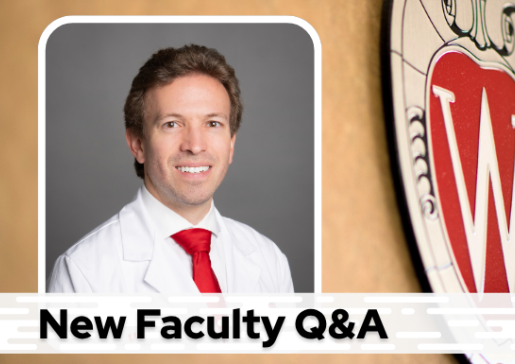 A professional headshot of Dr. Denu over a tan background with a Wisconsin crest, and black text on a white bar saying "New Faculty Q&A"