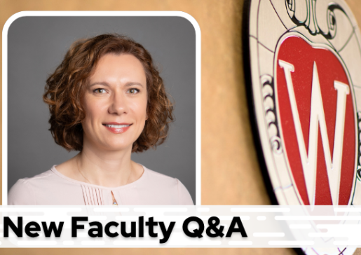 A professional headshot of Dr. Khaba over a tan background with a Wisconsin crest, and black text on a white bar saying "New Faculty Q&A"