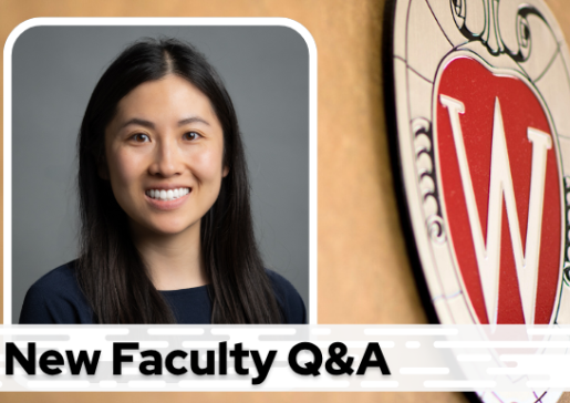 A professional headshot of Dr. Liou over a tan background with a Wisconsin crest, and black text on a white bar saying "New Faculty Q&A"