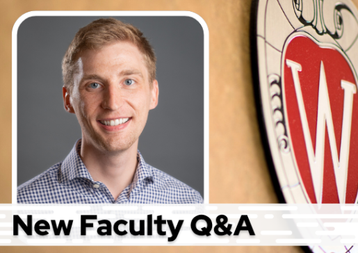 A professional headshot of Dr. Mehlhaff over a tan background with a Wisconsin crest, and black text on a white bar saying "New Faculty Q&A"