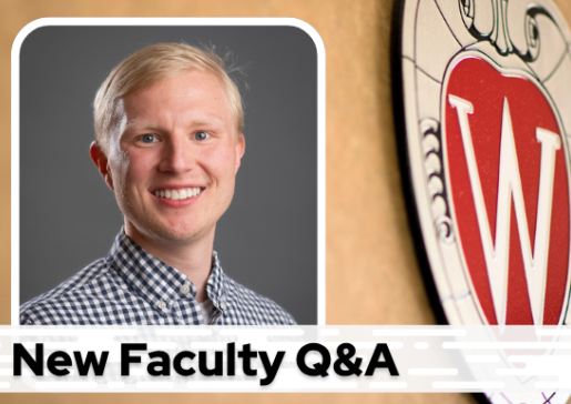 A professional headshot of Dr. Miller over a tan background with a Wisconsin crest, and black text on a white bar saying "New Faculty Q&A"