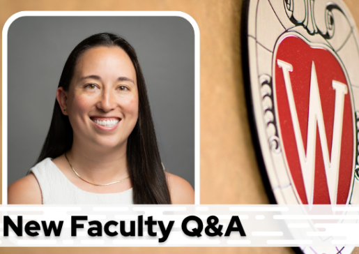 A professional headshot of Dr. Miotke over a tan background with a Wisconsin crest, and black text on a white bar saying "New Faculty Q&A"