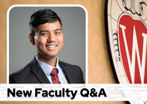 A professional headshot of Dr. Pathak over a tan background with a Wisconsin crest, and black text on a white bar saying "New Faculty Q&A"