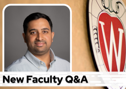 A professional headshot of Dr. Humza Quadir over a tan background with a Wisconsin crest, and black text on a white bar saying "New Faculty Q&A"
