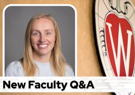 A professional headshot of Dr. Vatland over a tan background with a Wisconsin crest, and black text on a white bar saying "New Faculty Q&A"